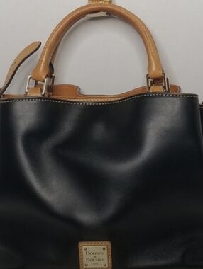 Dooney & Bourke Small Brenna Black Florentine Leather Satchel with Tan Trim